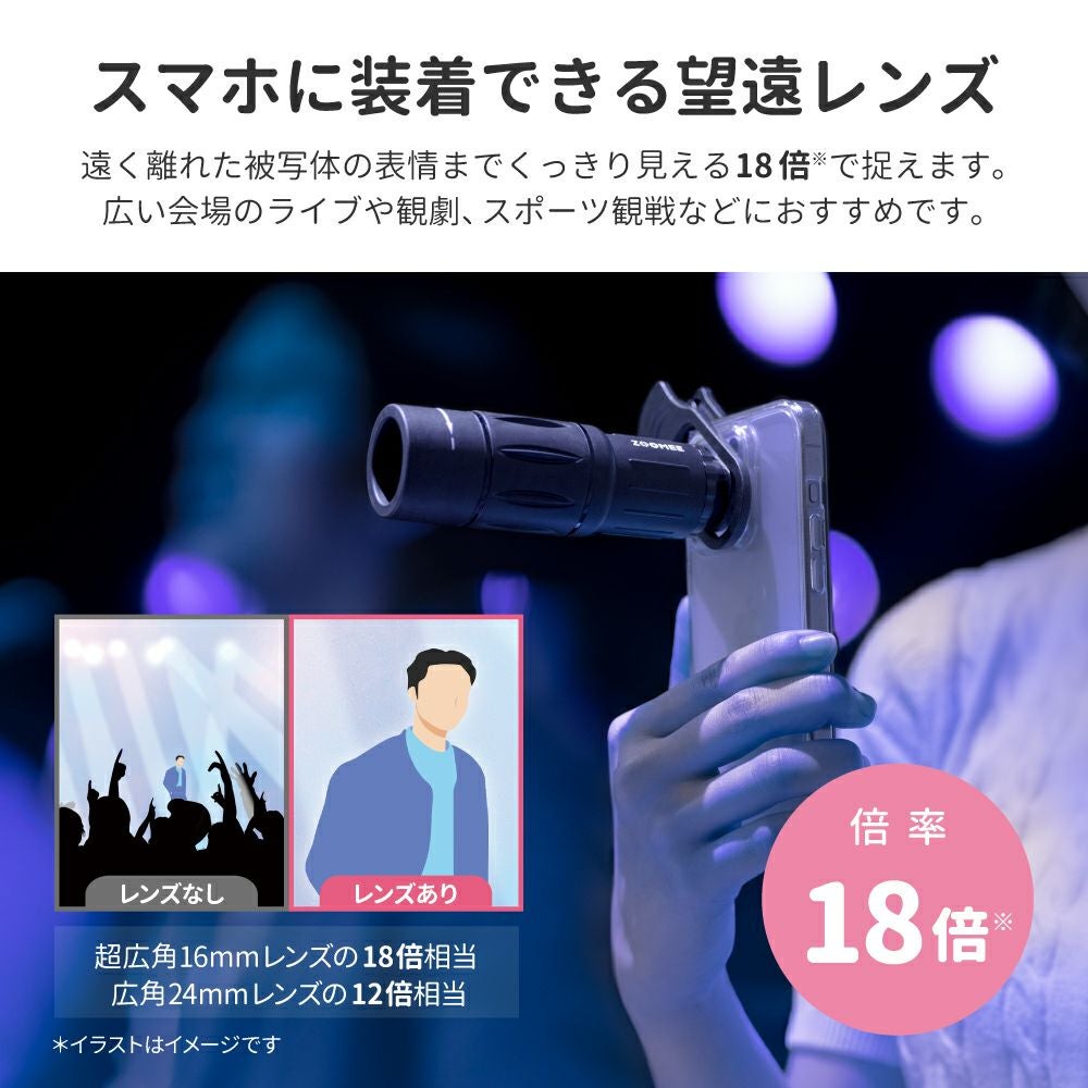 スマホ望遠レンズ】スマホ望遠レンズ「ZOOMEE」 ブラック 望遠18倍 18x